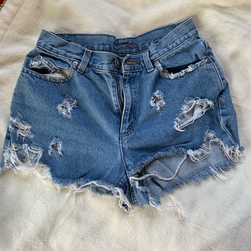 Medium/Dark wash distressed denim shorts